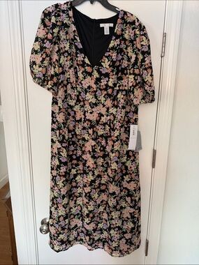 London Times Black Midi Dress with Pink, Lavender & Mint Floral Print